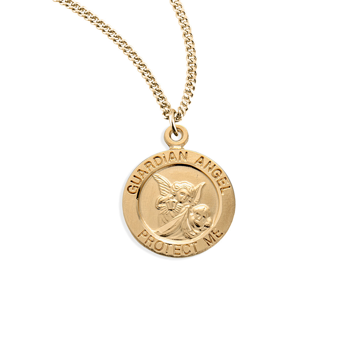 Guardian Angel Small Round Gold Over Sterling Silver Medal Necklace | 16kt Gold Plated .925 Silver