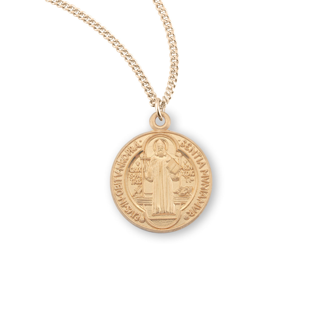 Saint Benedict Round Gold Over Sterling Silver Medal Necklace | 16kt Gold Plated .925 Silver