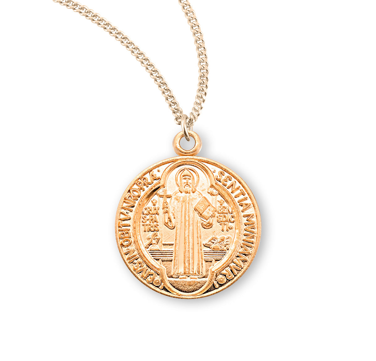 Saint Benedict Round Jubilee Gold Over Sterling Silver Medal Necklace | 16kt Gold Plated .925 Silver