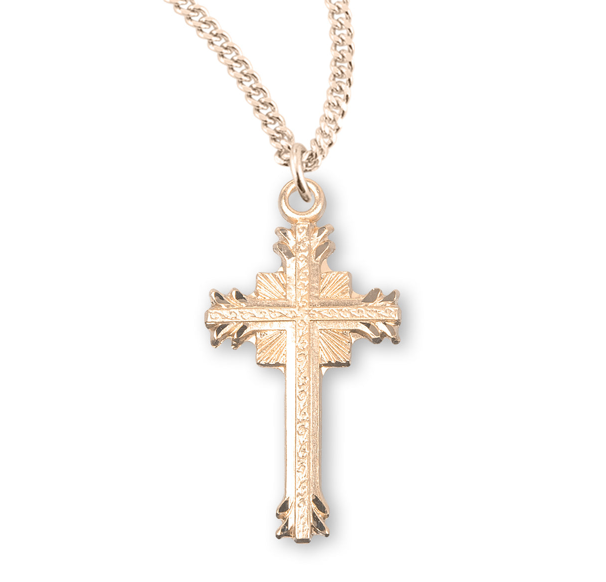 Gold Over Sterling Silver Flare Tipped Cross with a Scrolled Center Necklace | 16kt Gold Plated .925 Silver