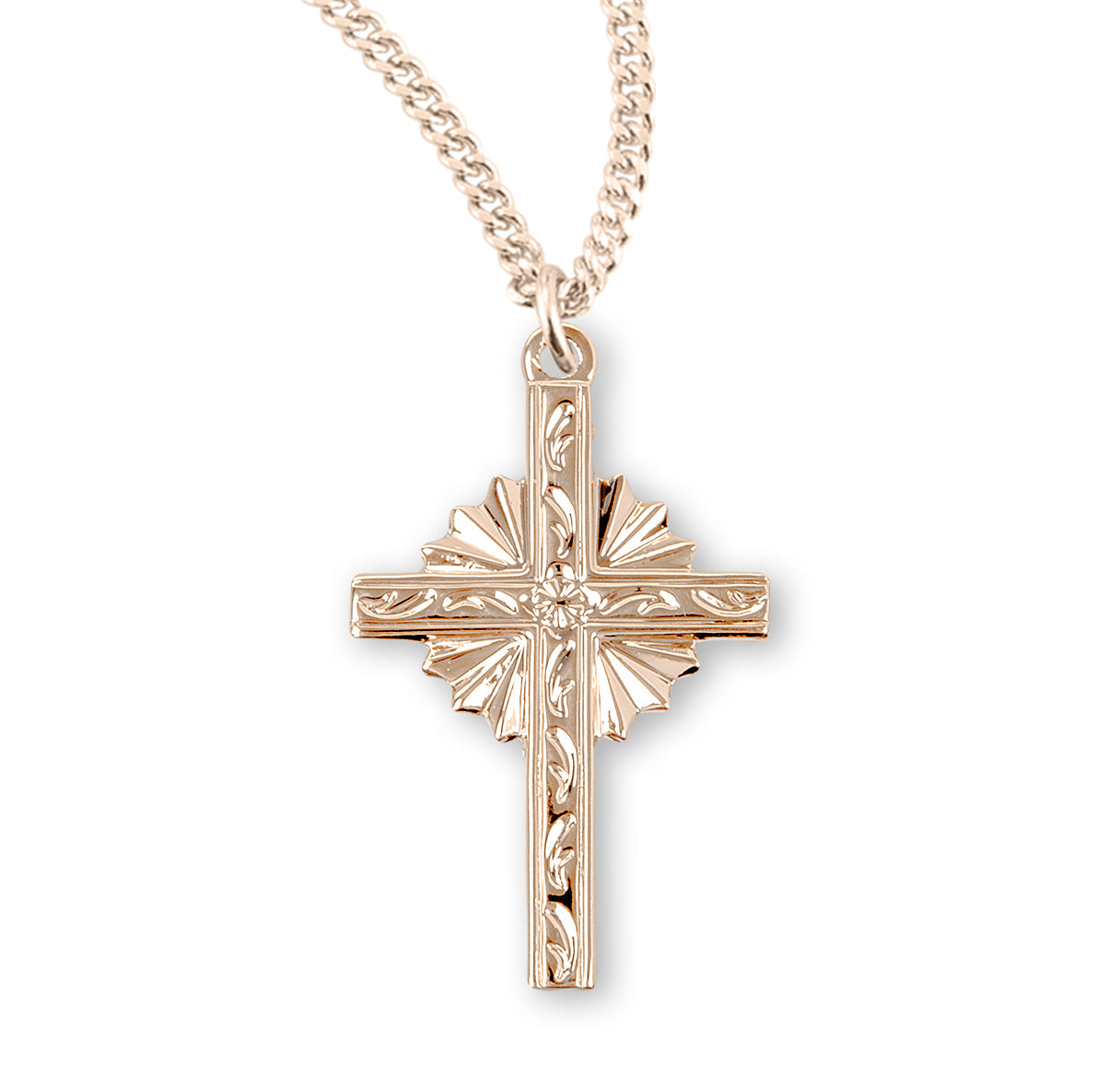 Gold Over Sterling Silver Engraved Vine Design Cross Necklace | 16kt Gold Plated .925 Silver