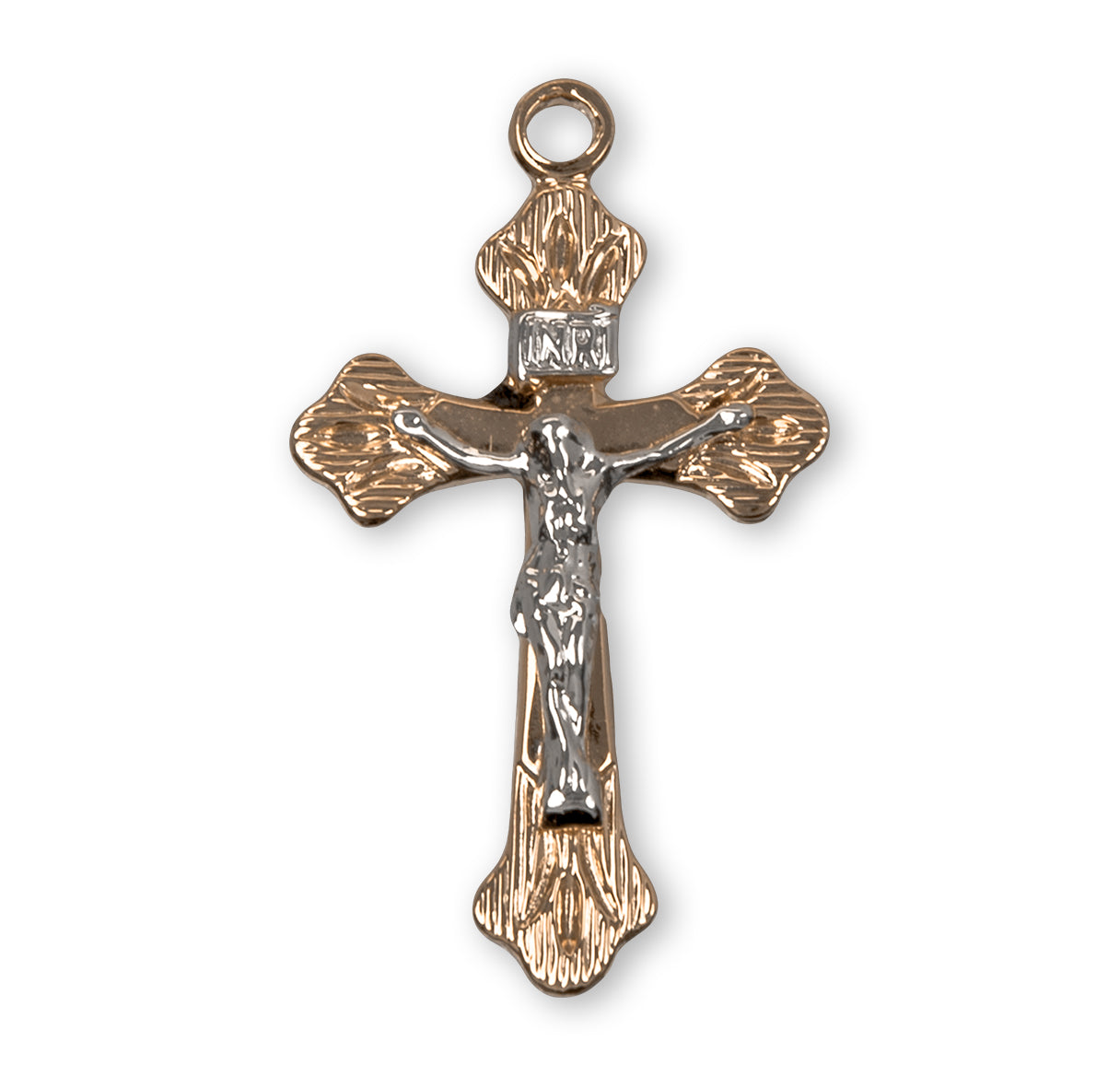 Flare Tipped Gold Over Sterling Silver Two Tone Crucifix Necklace | 16kt Gold Plated .925 Silver
