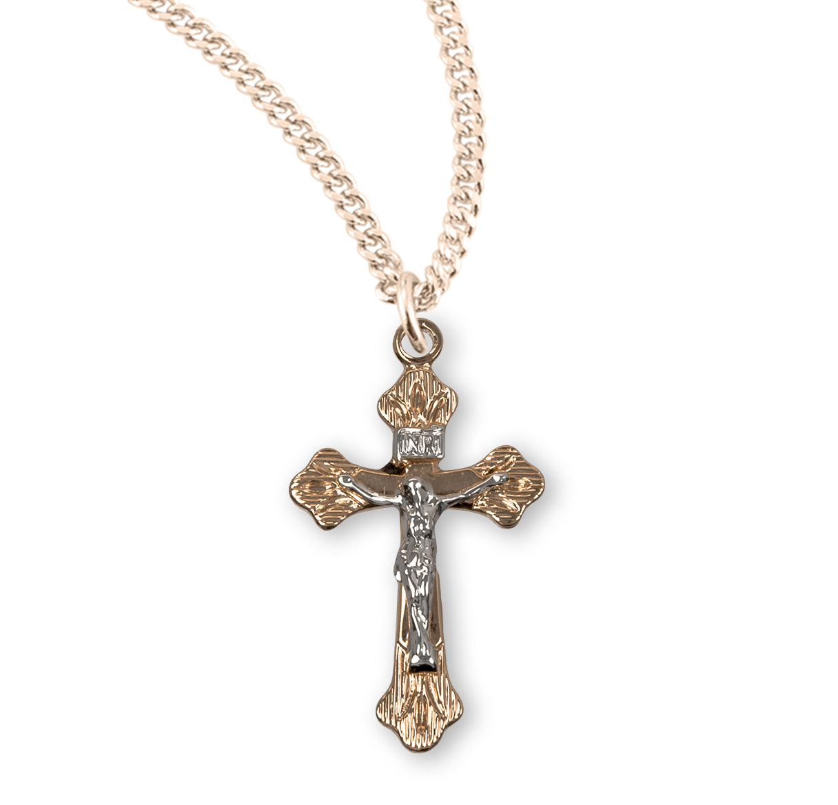 Flare Tipped Gold Over Sterling Silver Two Tone Crucifix Necklace | 16kt Gold Plated .925 Silver