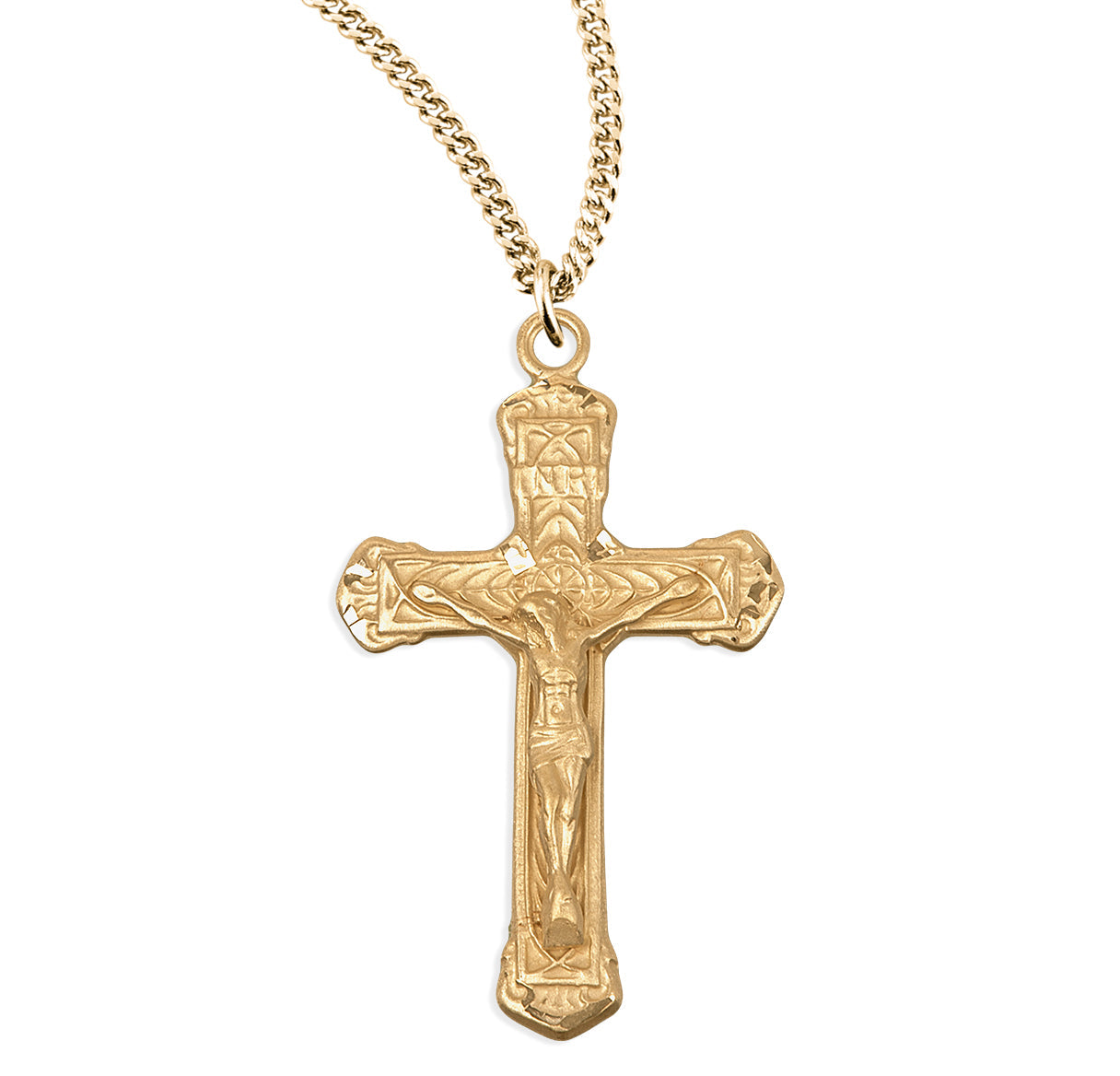Intricate Lined Gold Over Sterling Silver Crucifix Necklace | 16kt Gold Plated .925 Silver