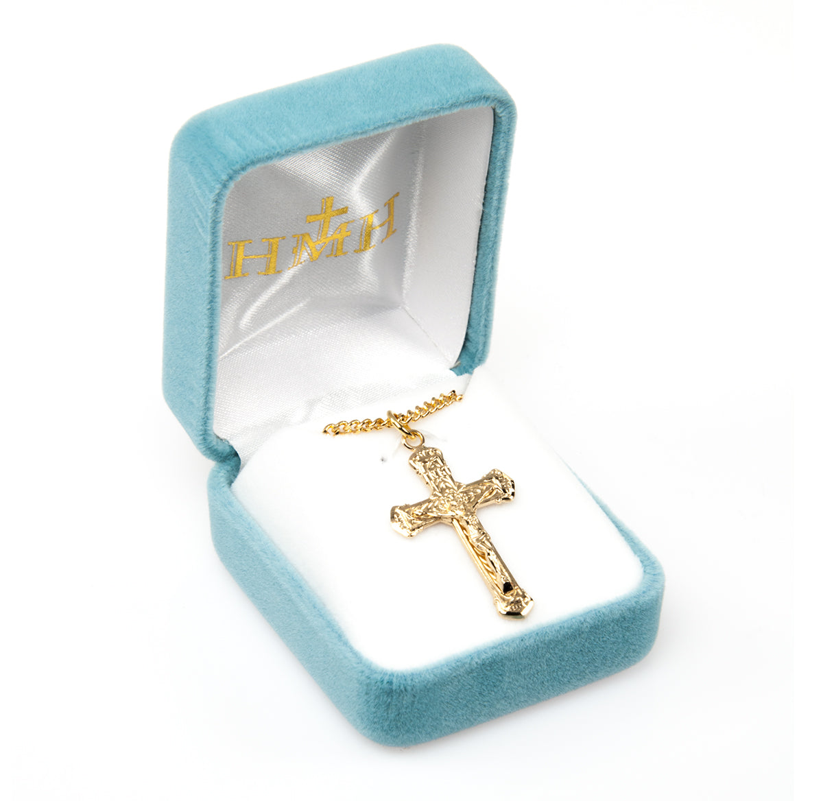 Intricate Lined Gold Over Sterling Silver Crucifix Necklace | 16kt Gold Plated .925 Silver