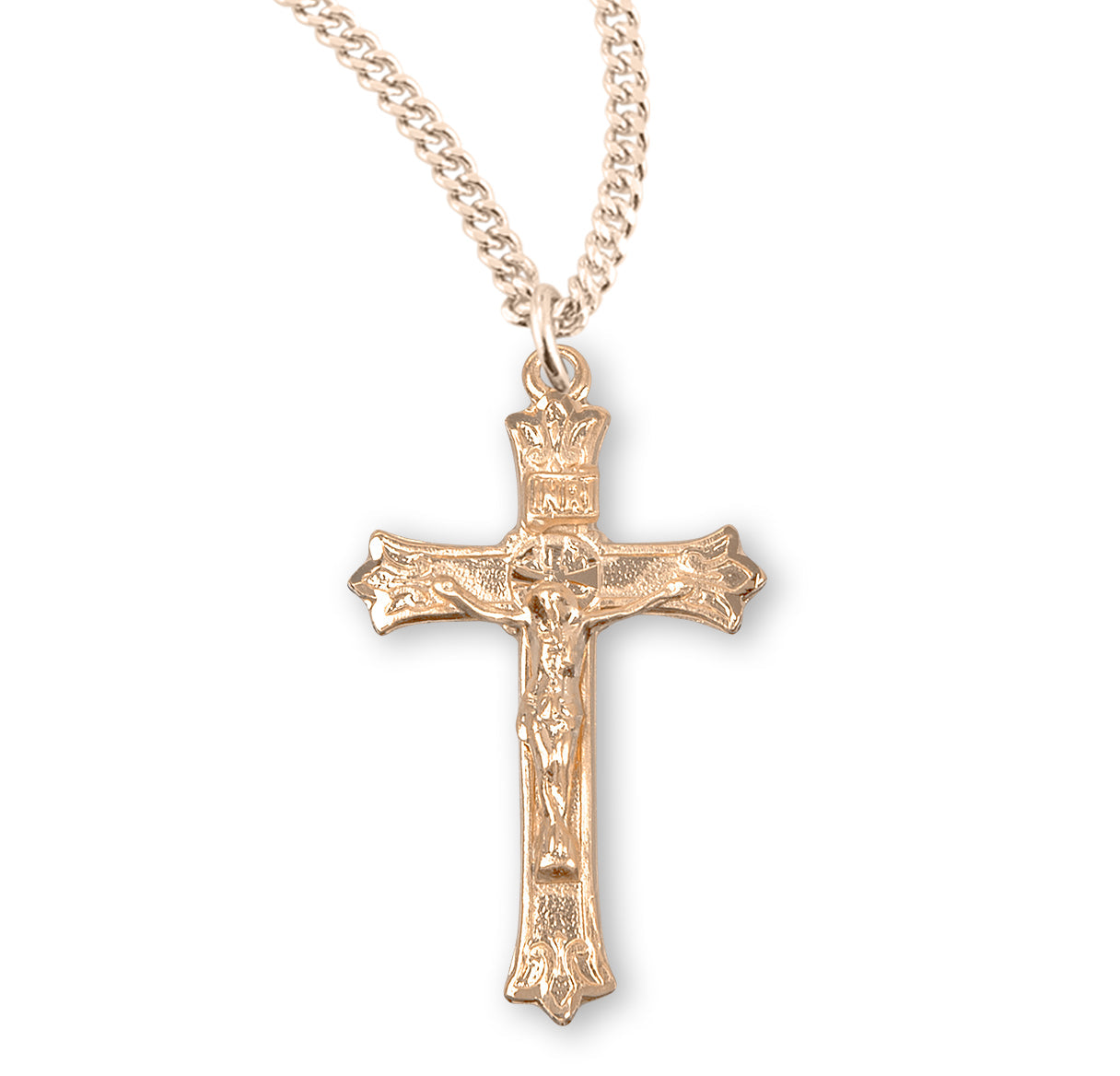 Triple Flare Tip Gold Over Sterling Silver Crucifix Necklace | 16kt Gold Plated .925 Silver
