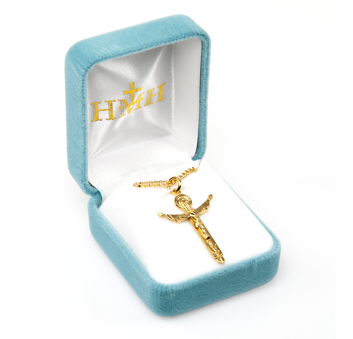 Holy Trinity Gold Over Sterling Silver Crucifix Necklace | 16kt Gold Plated .925 Silver