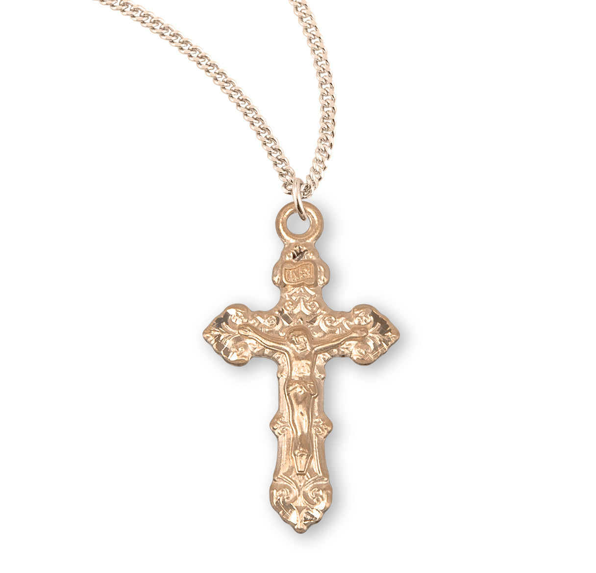Gold Over Sterling Silver Fancy Filigree Crucifix Necklace | 16kt Gold Plated .925 Silver
