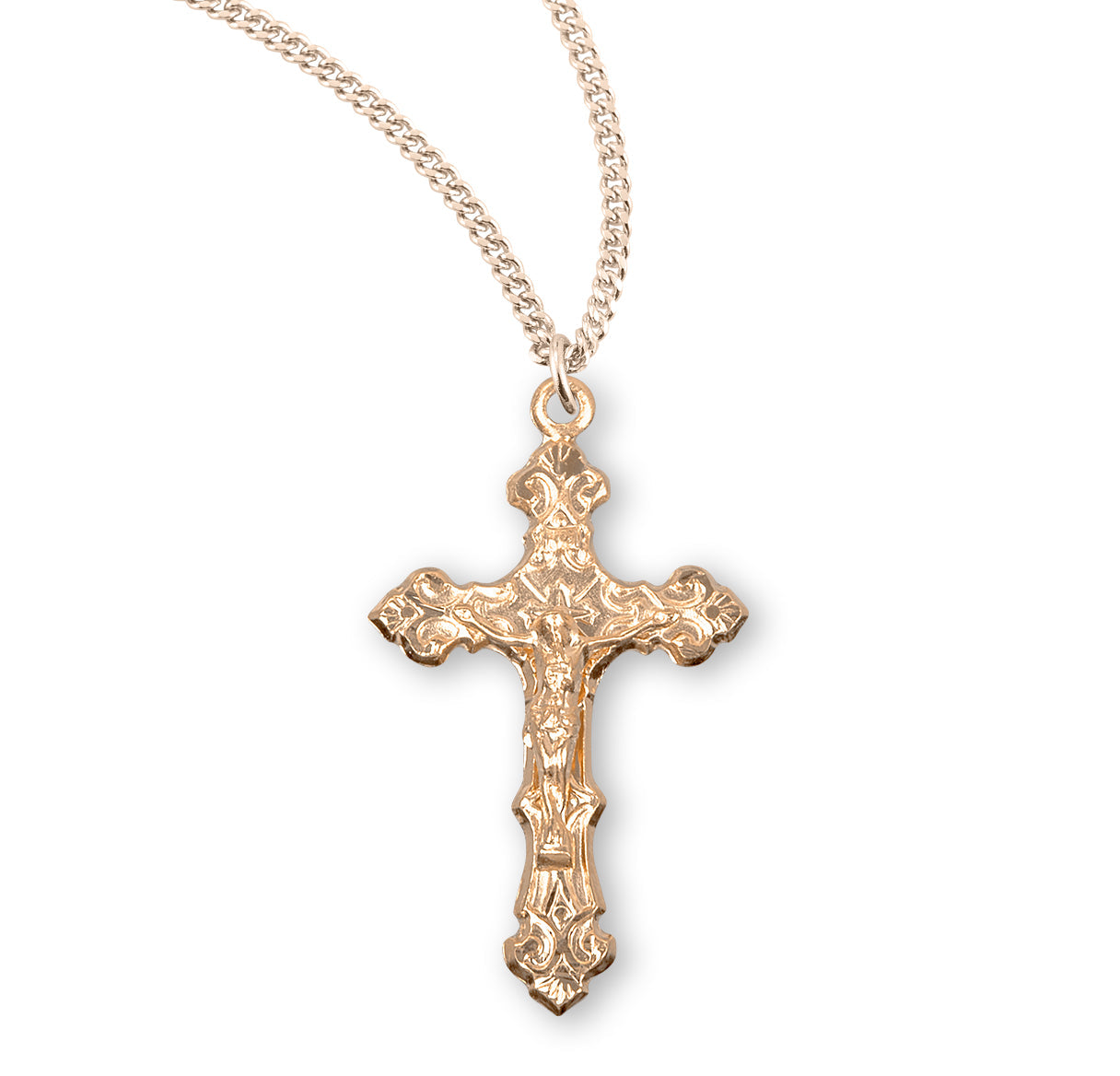 Gold Over Sterling Silver Fancy Filigree Crucifix Necklace | 16kt Gold Plated .925 Silver
