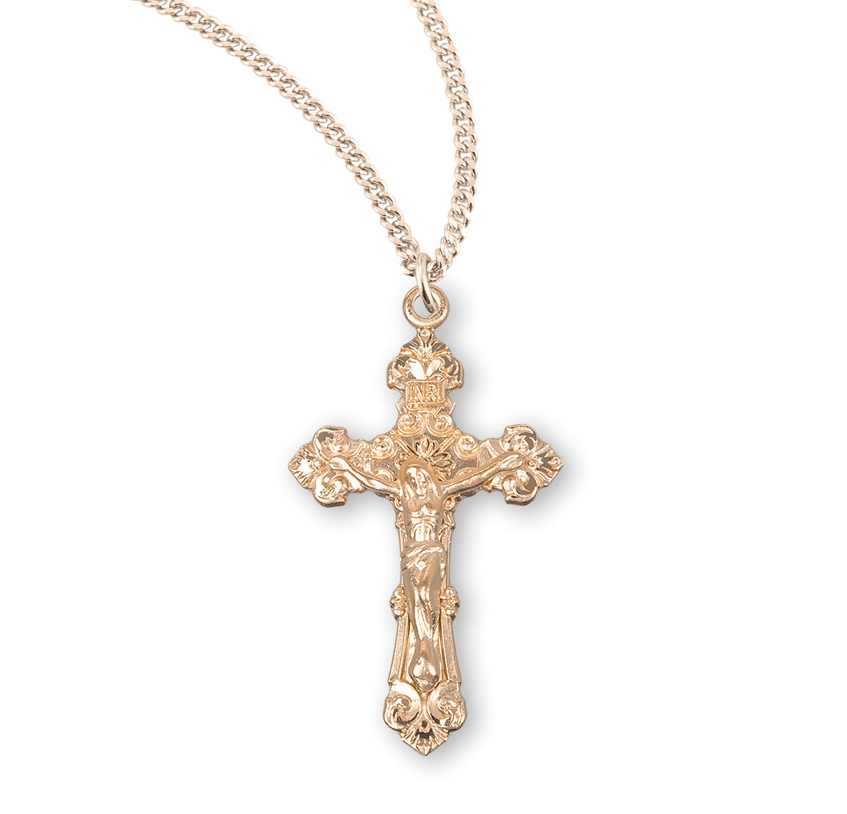 Gold Over Sterling Silver Fancy Filigree Crucifix Necklace | 16kt Gold Plated .925 Silver