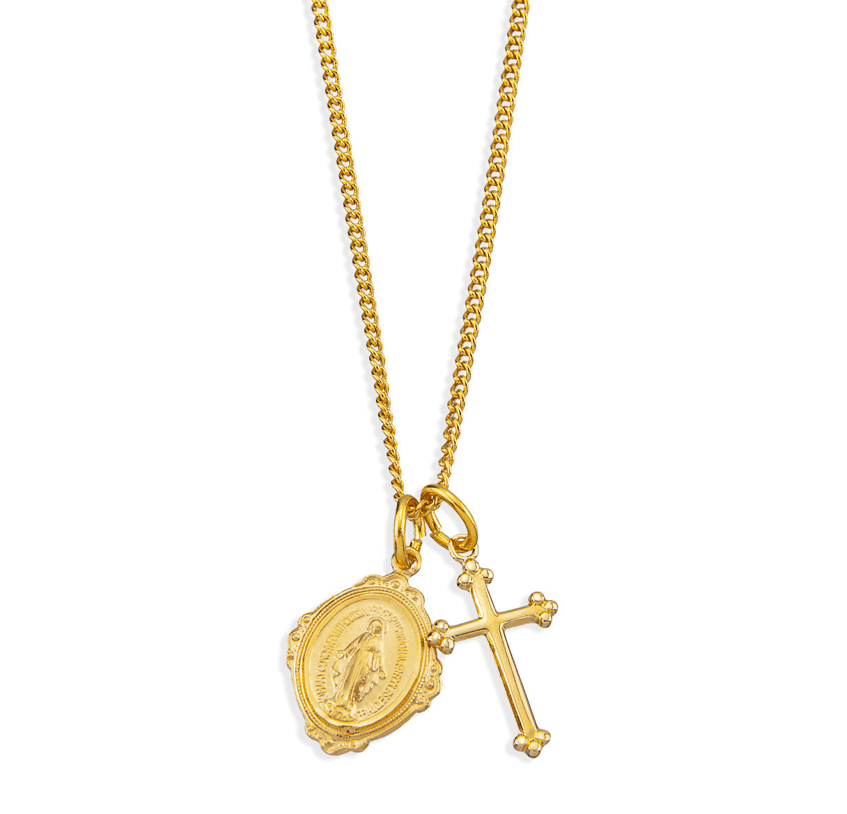 Gold Over Sterling Silver Miraculous Medal and Small Cross Necklace | 16kt Gold Plated .925 Silver