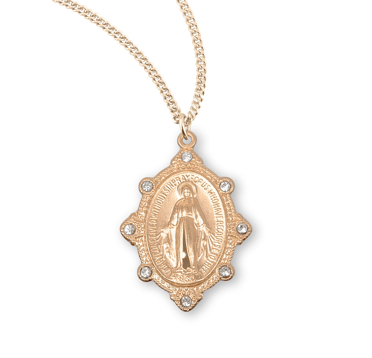 Gold Over Sterling Silver Miraculous Medal Set with Clear Crystals Necklace | 16kt Gold Plated .925 Silver