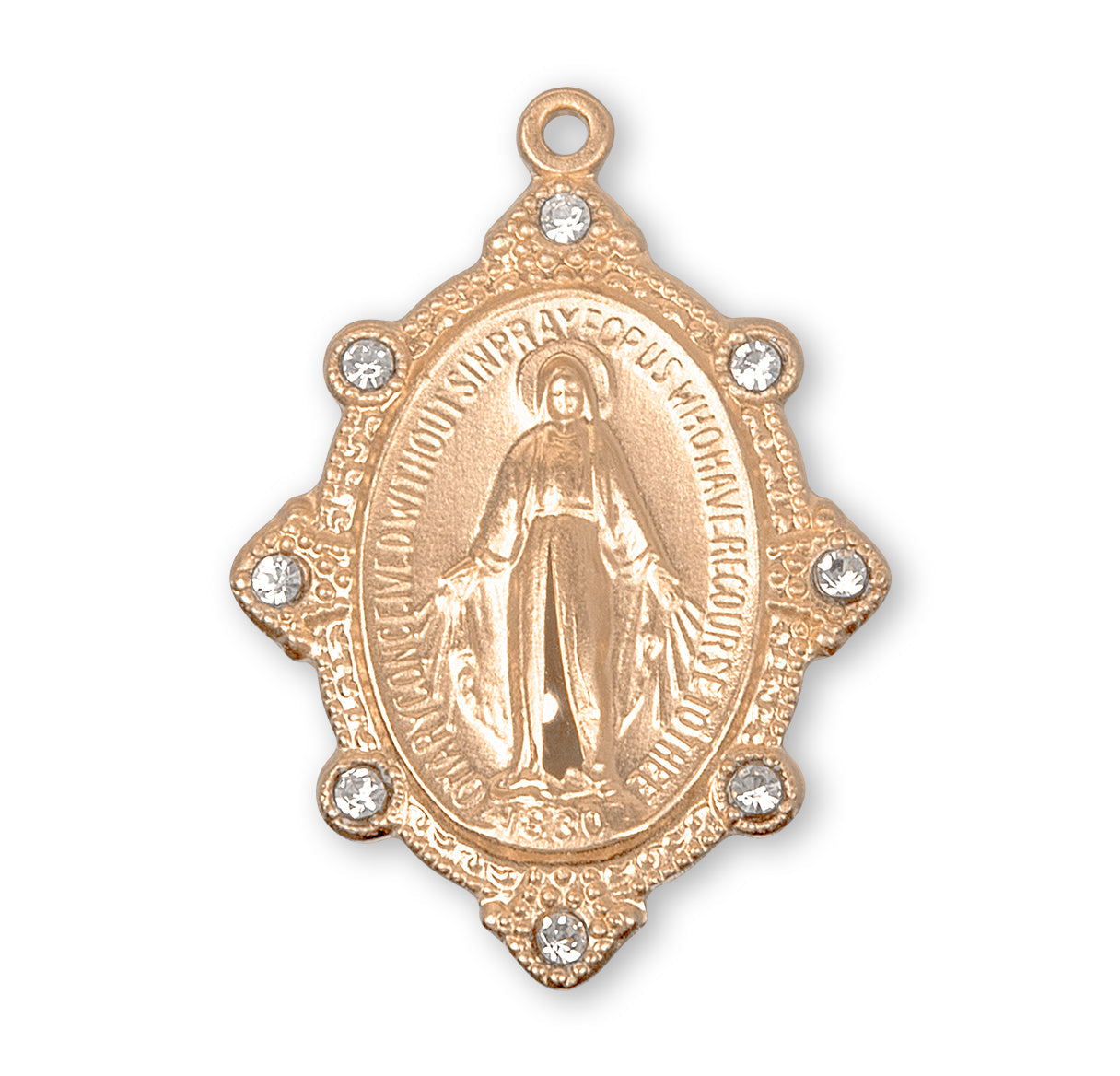 Gold Over Sterling Silver Miraculous Medal Set with Clear Crystals Necklace | 16kt Gold Plated .925 Silver