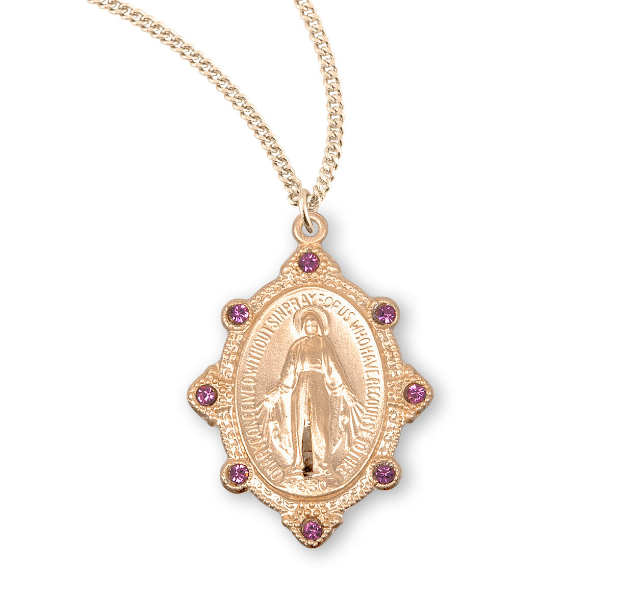 Gold Over Sterling Silver Miraculous Medal Set with Pink Crystals Necklace | 16kt Gold Plated .925 Silver