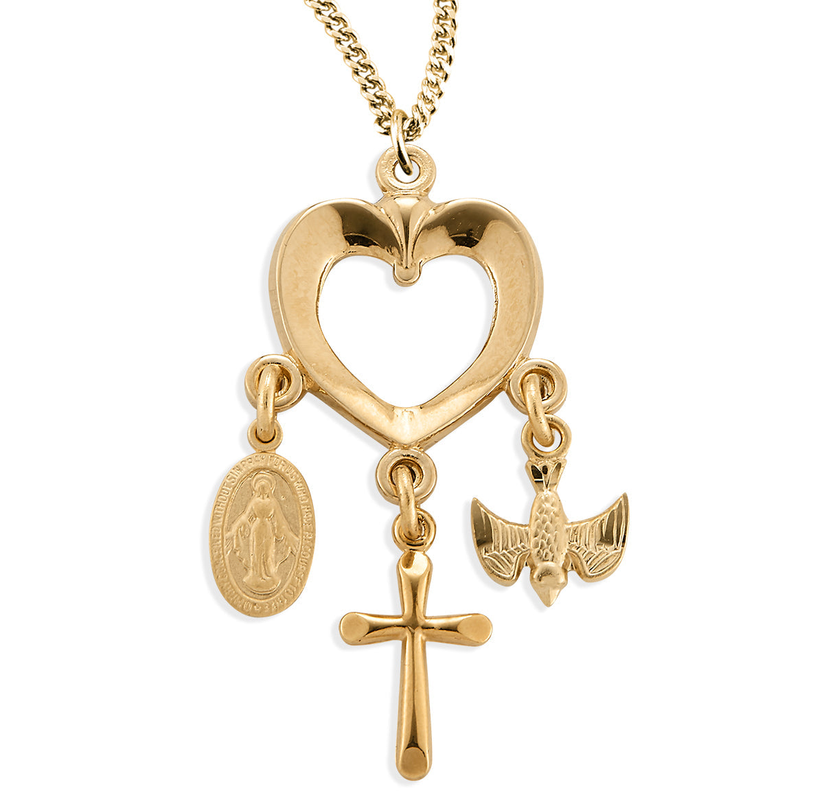 Gold Over Sterling Silver Heart with Miraculous Medal, Cross & Holy Spirit Charms Necklace | 16kt Gold Plated .925 Silver