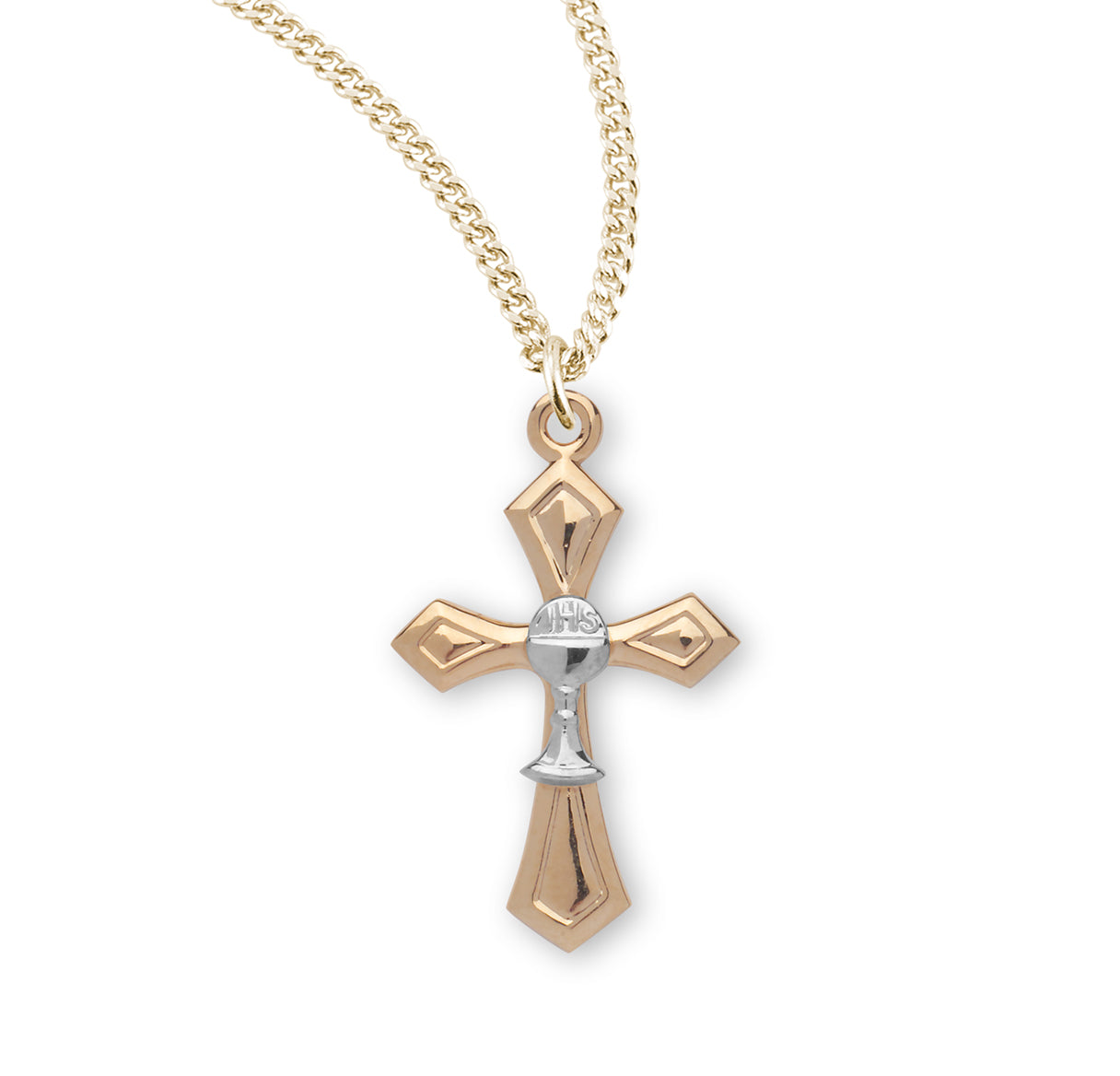 Two-tone Gold Over Sterling Silver Cross with Chalice Necklace | 16kt Gold Plated .925 Silver