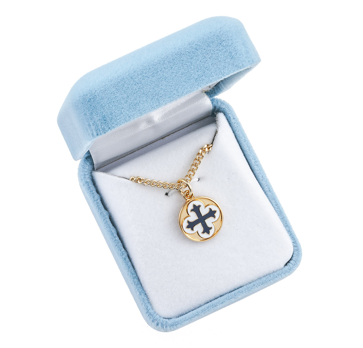 Gold Over Sterling Silver Cross on Clover with Blue and White Epoxy Necklace | 16kt Gold Plated .925 Silver