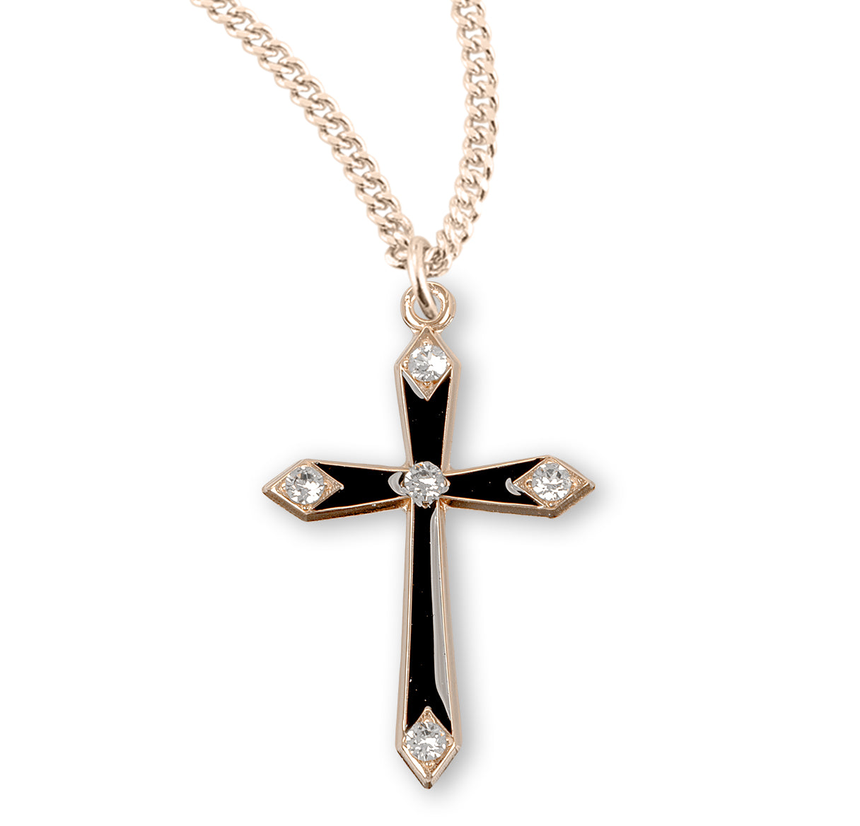 Gold Over Sterling Silver Black Enameled Cross with Five Crystals Necklace | 16kt Gold Plated .925 Silver