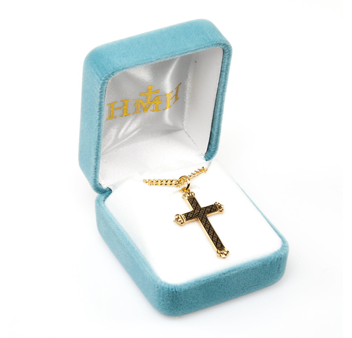 Gold Over Sterling Silver Cross with Black Enamel Design Necklace | 16kt Gold Plated .925 Silver