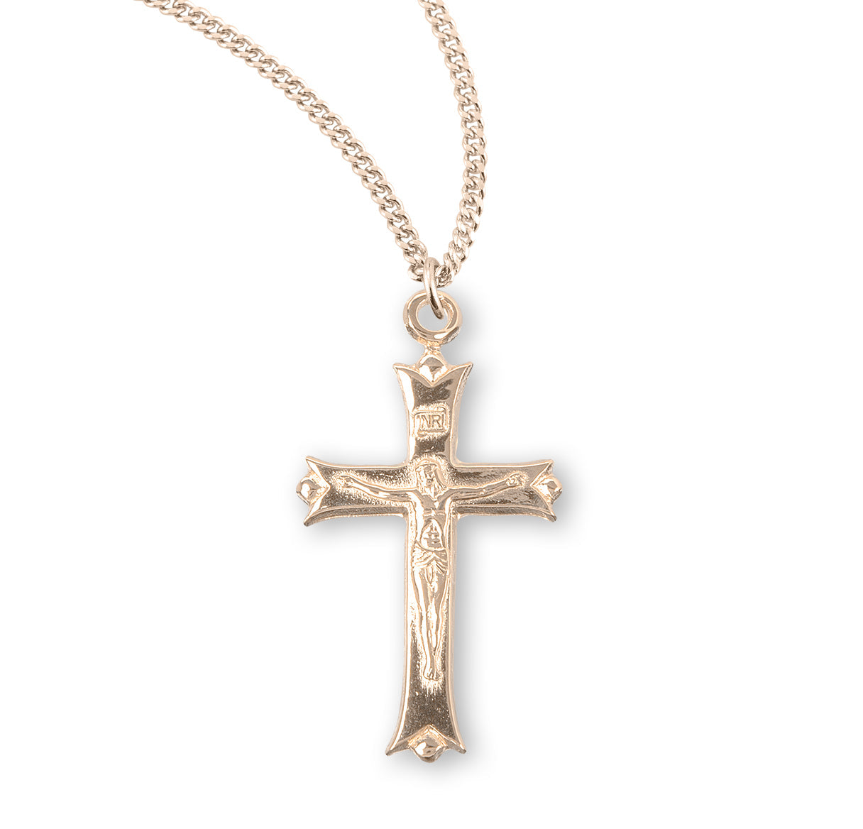 Leaf Tipped Gold Over Sterling Silver High Polished Crucifix Necklace | 16kt Gold Plated .925 Silver
