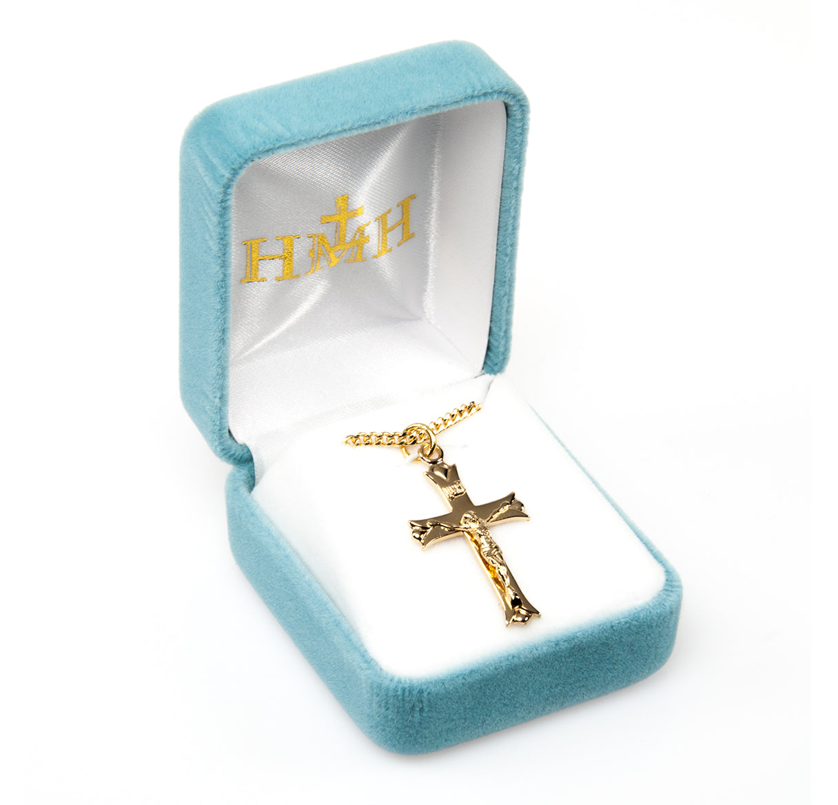 Leaf Tipped Gold Over Sterling Silver High Polished Crucifix Necklace | 16kt Gold Plated .925 Silver