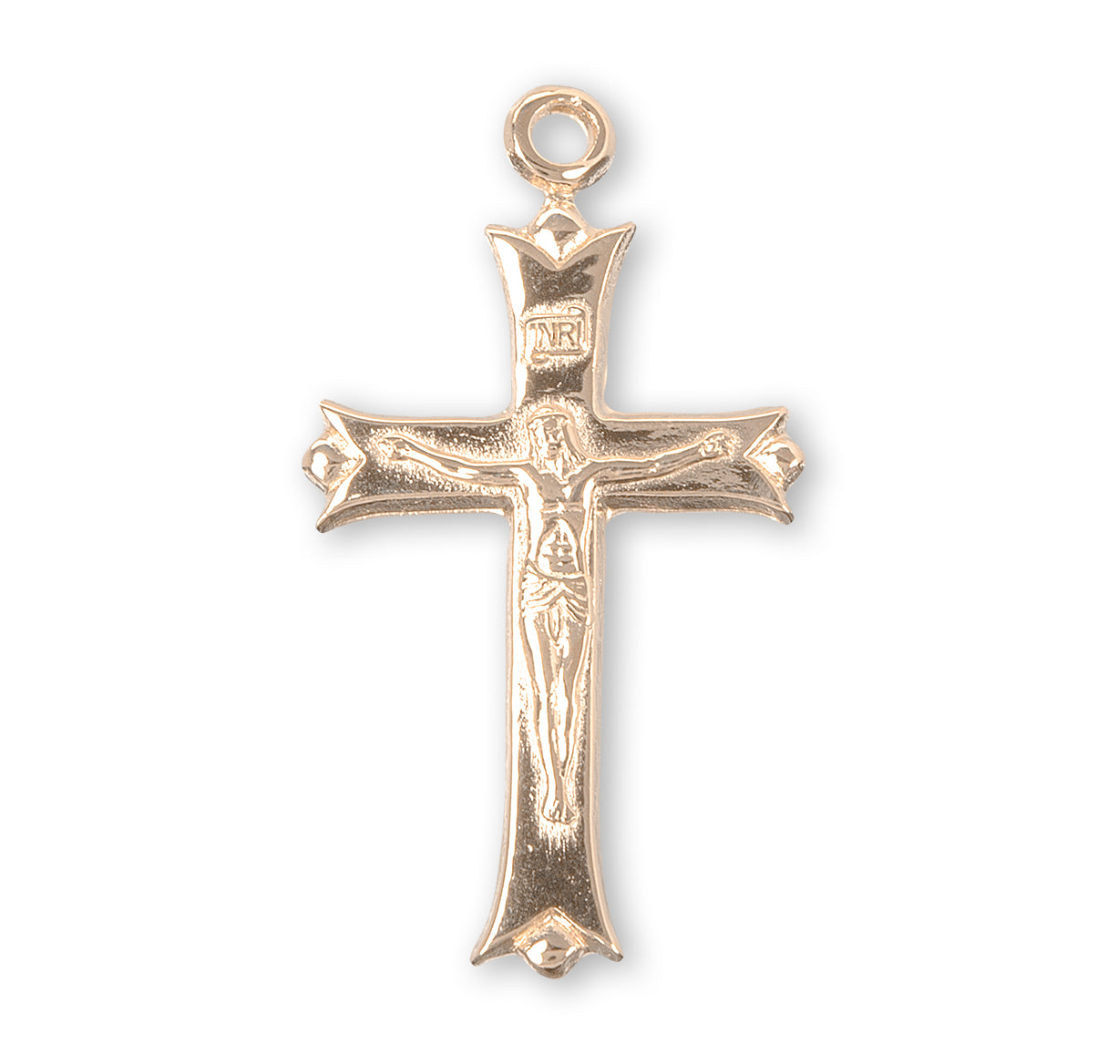 Leaf Tipped Gold Over Sterling Silver High Polished Crucifix Necklace | 16kt Gold Plated .925 Silver