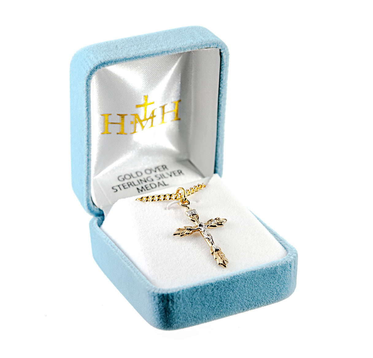 Gold Over Sterling Silver Two Tone Wheat Crucifix Necklace | 16kt Gold Plated .925 Silver