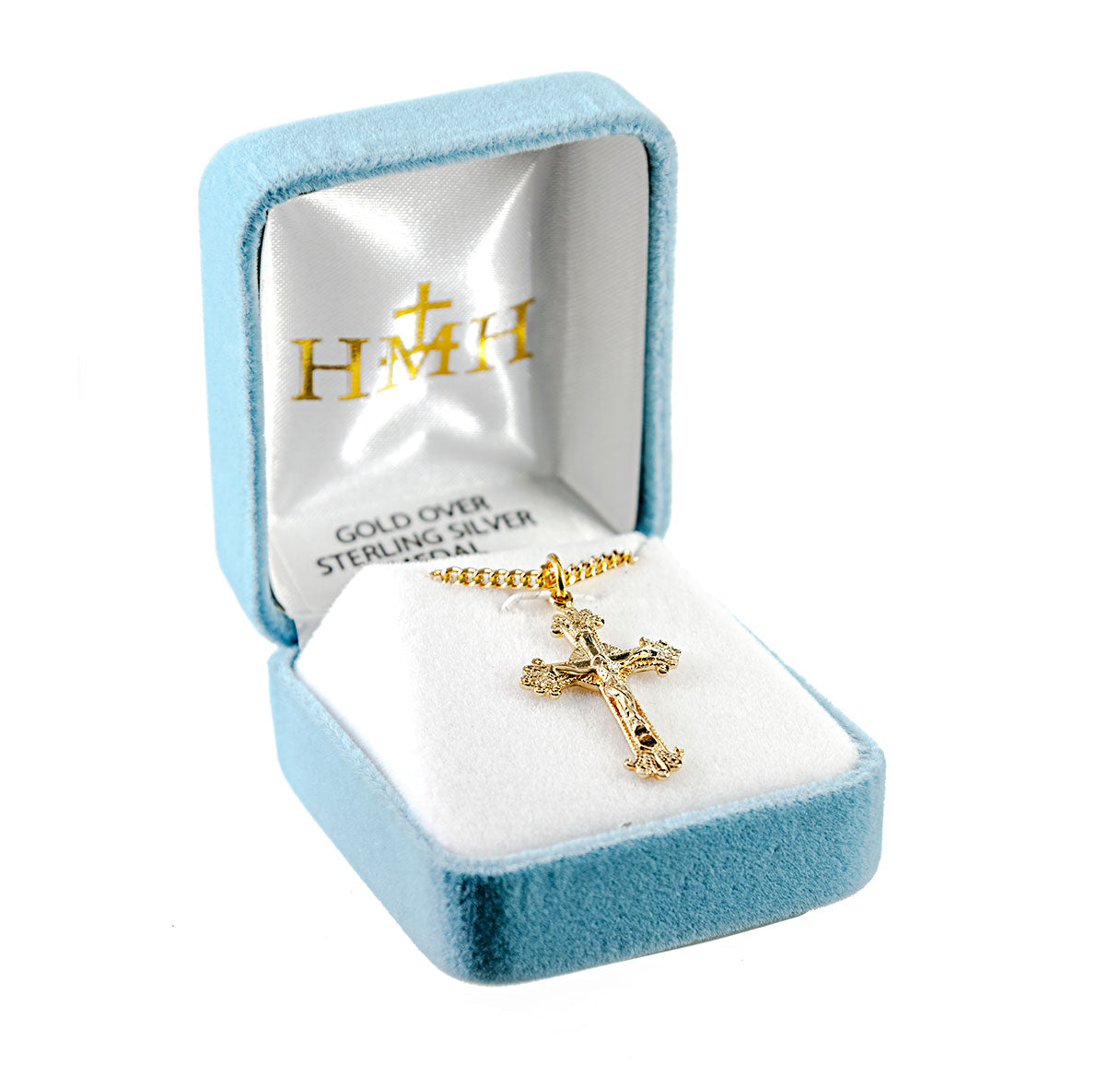 Fancy Engraved Gold Over Sterling Silver Crucifix Necklace | 16kt Gold Plated .925 Silver