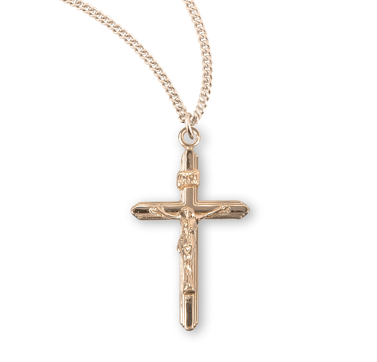 Stream Lined Gold Over Sterling Silver Crucifix Necklace | 16kt Gold Plated .925 Silver