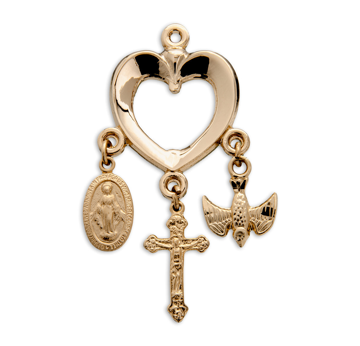 Gold Over Sterling Silver Heart with Miraculous Medal, Crucifix & Holy Spirit Charms Necklace | 16kt Gold Plated .925 Silver