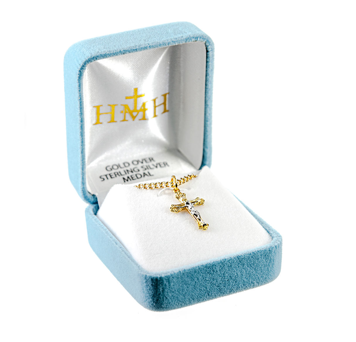 Gold Over Sterling Two Toned Tapered Crucifix Necklace | 16kt Gold Plated .925 Silver