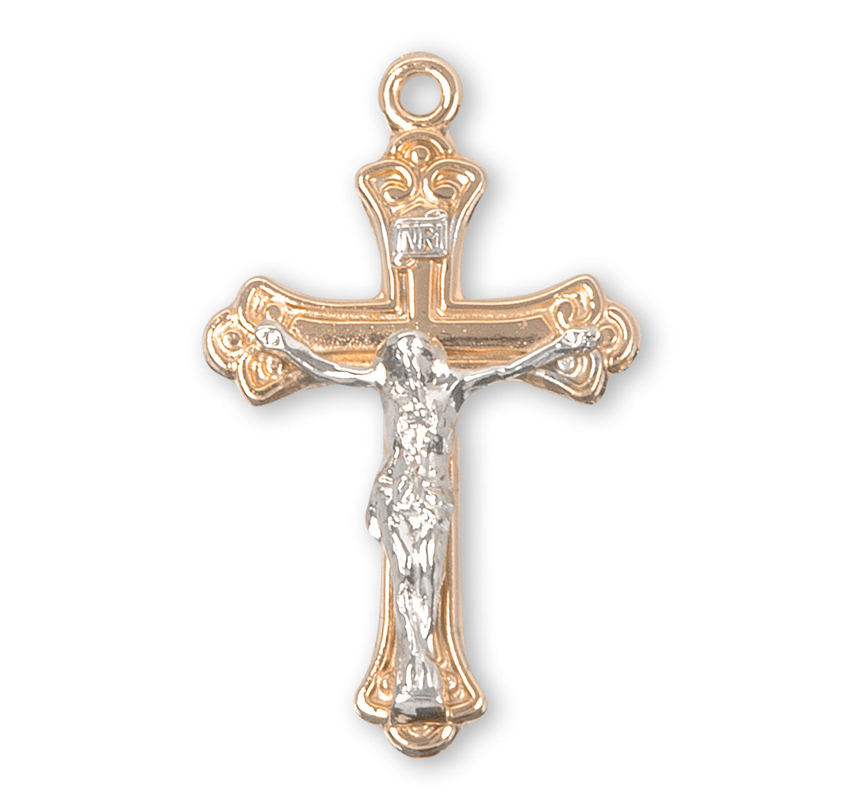 Gold Over Sterling Two Toned Tapered Crucifix Necklace | 16kt Gold Plated .925 Silver
