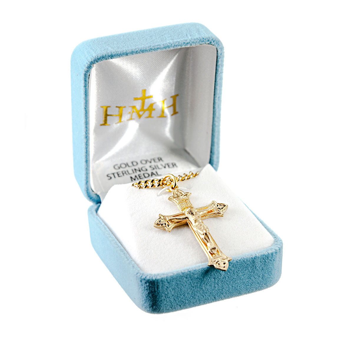 Gold Over Sterling Silver Fluer de Lis Tip Crucifix Necklace | 16kt Gold Plated .925 Silver