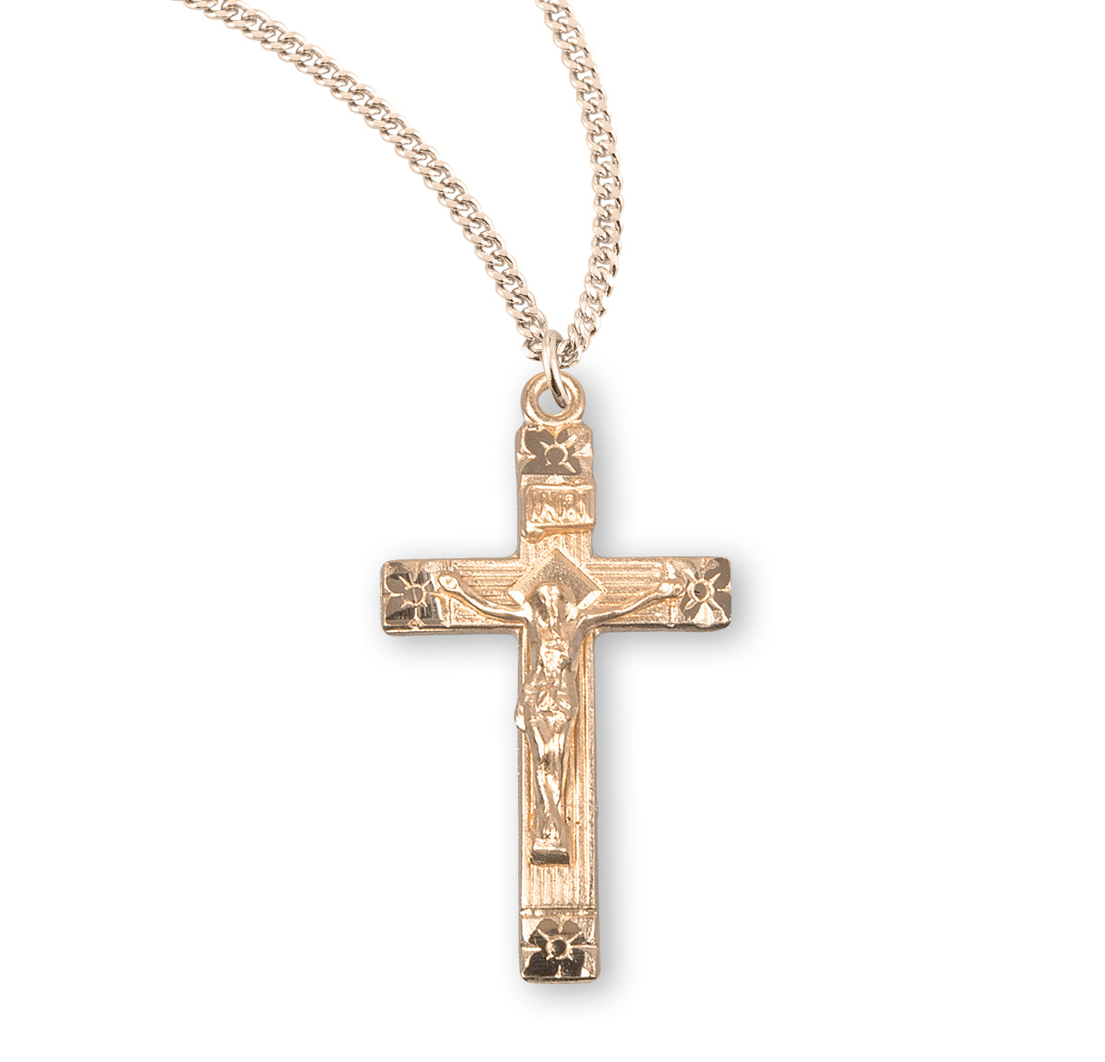 Flower Tipped Gold Over Sterling Crucifix Necklace | 16kt Gold Plated .925 Silver