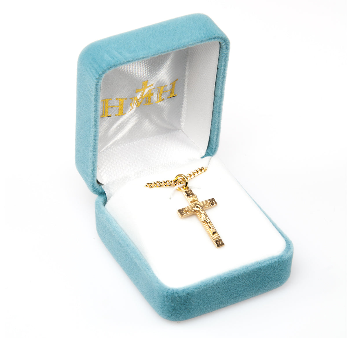 Flower Tipped Gold Over Sterling Crucifix Necklace | 16kt Gold Plated .925 Silver