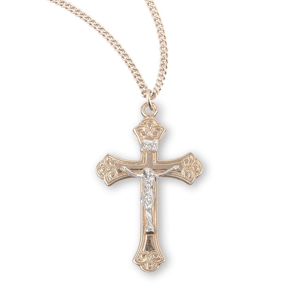 Swirled Gold Over Sterling Silver Two Toned Crucifix Necklace | 16kt Gold Plated .925 Silver