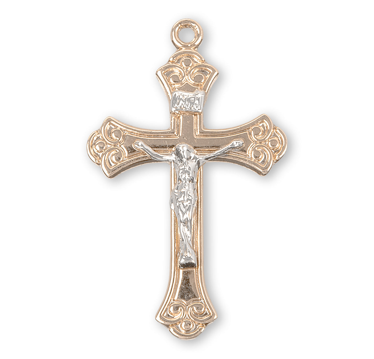 Swirled Gold Over Sterling Silver Two Toned Crucifix Necklace | 16kt Gold Plated .925 Silver