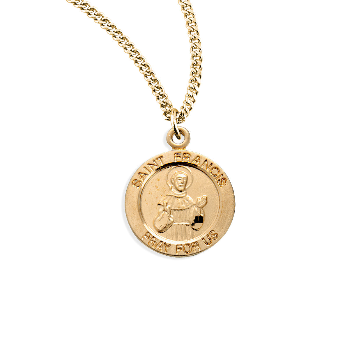 Patron Saint Francis of Assisi Round Gold Over Sterling Silver Medal Necklace | 16kt Gold Plated .925 Silver