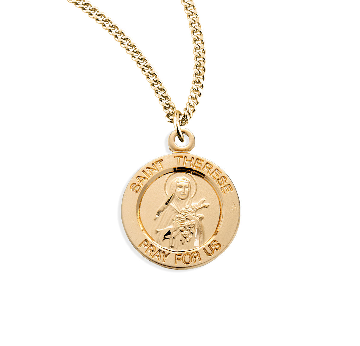 Patron Saint THerese of Lisieux Round Gold Over Sterling Silver Medal Necklace | 16kt Gold Plated .925 Silver