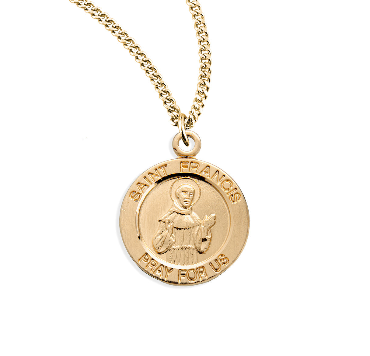 Patron Saint Francis of Assisi Round Gold Over Sterling Silver Medal Necklace | 16kt Gold Plated .925 Silver
