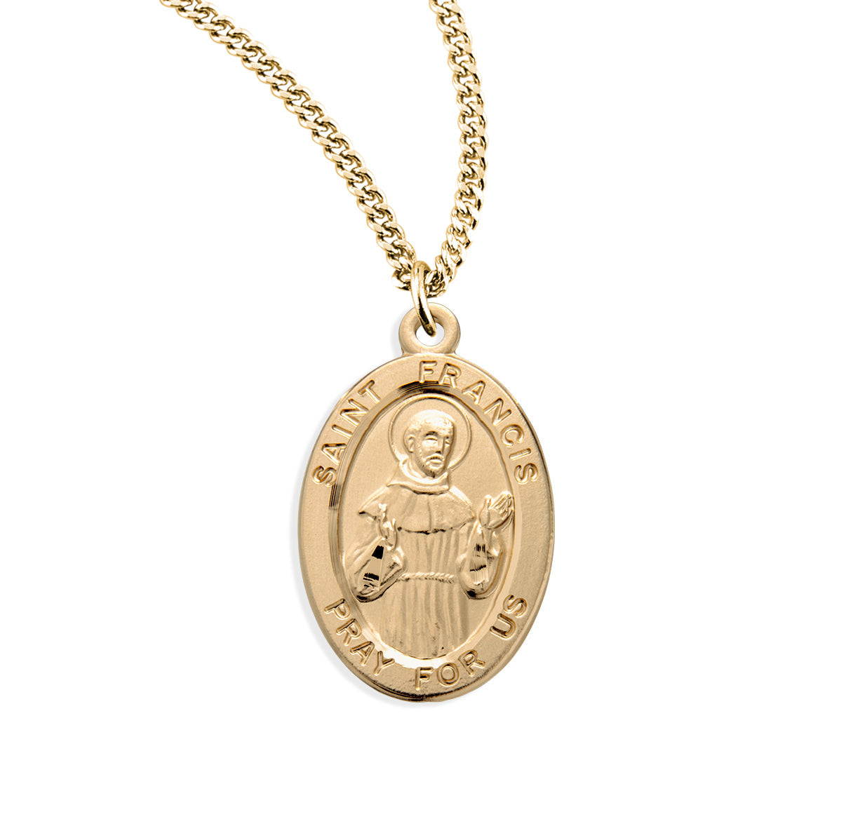 Patron Saint Francis of Assisi Oval Gold Over Sterling Silver Medal Necklace | 16kt Gold Plated .925 Silver