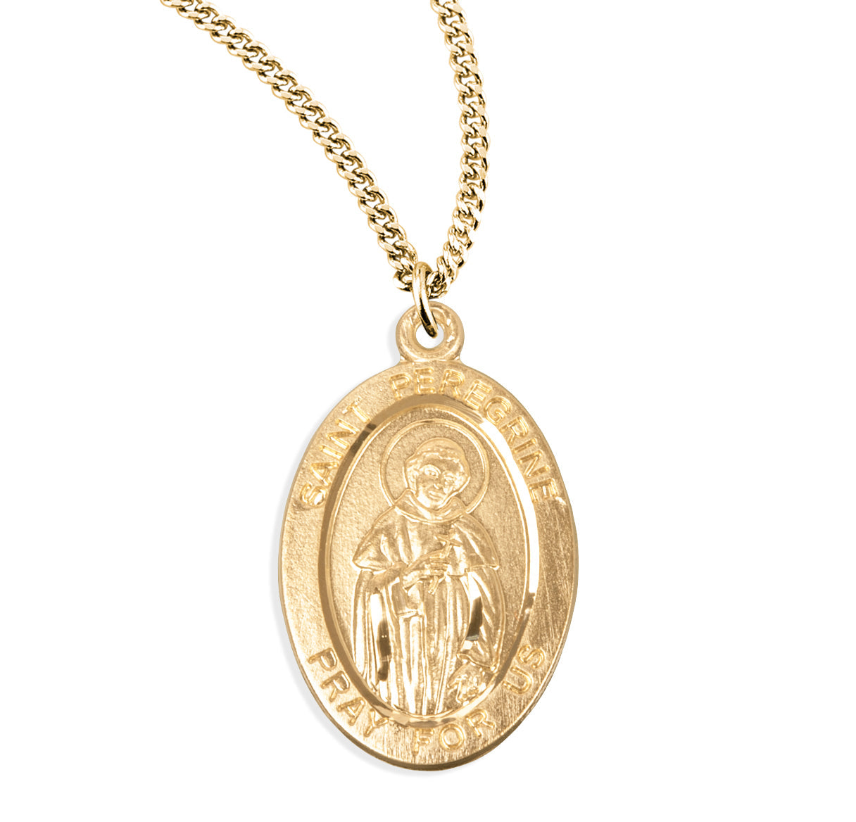 Patron Saint Peregrine Oval Gold Over Sterling Silver Medal Necklace | 16kt Gold Plated .925 Silver