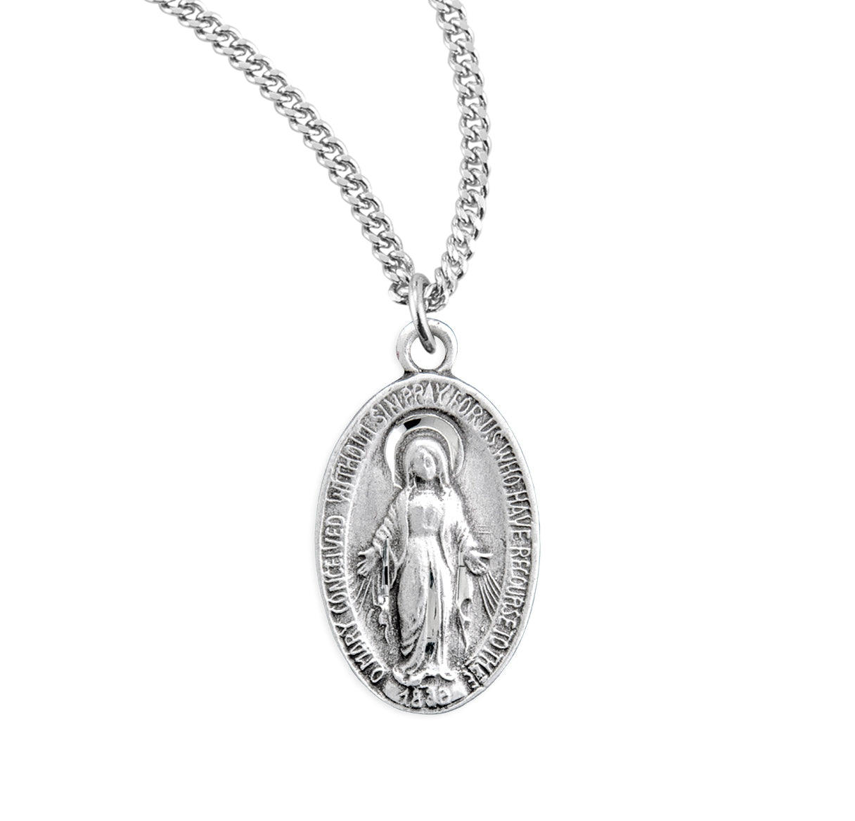 Sterling Silver Oval Miraculous Medal Pendant with Chain | .925 Silver