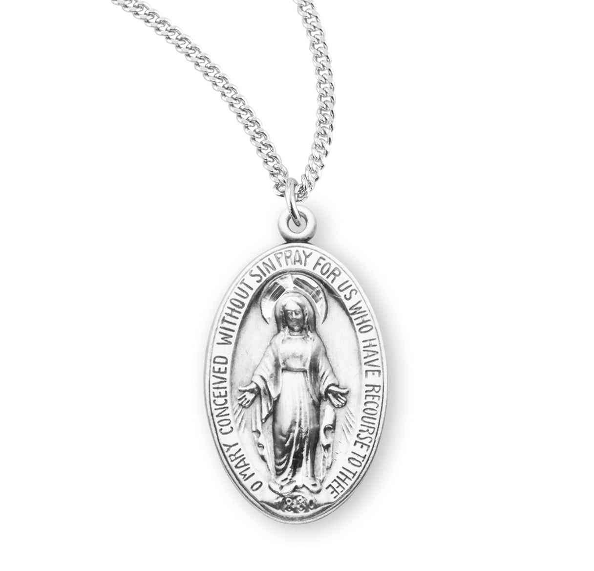 Sterling Silver Oval Miraculous Medal Pendant with Chain | .925 Silver