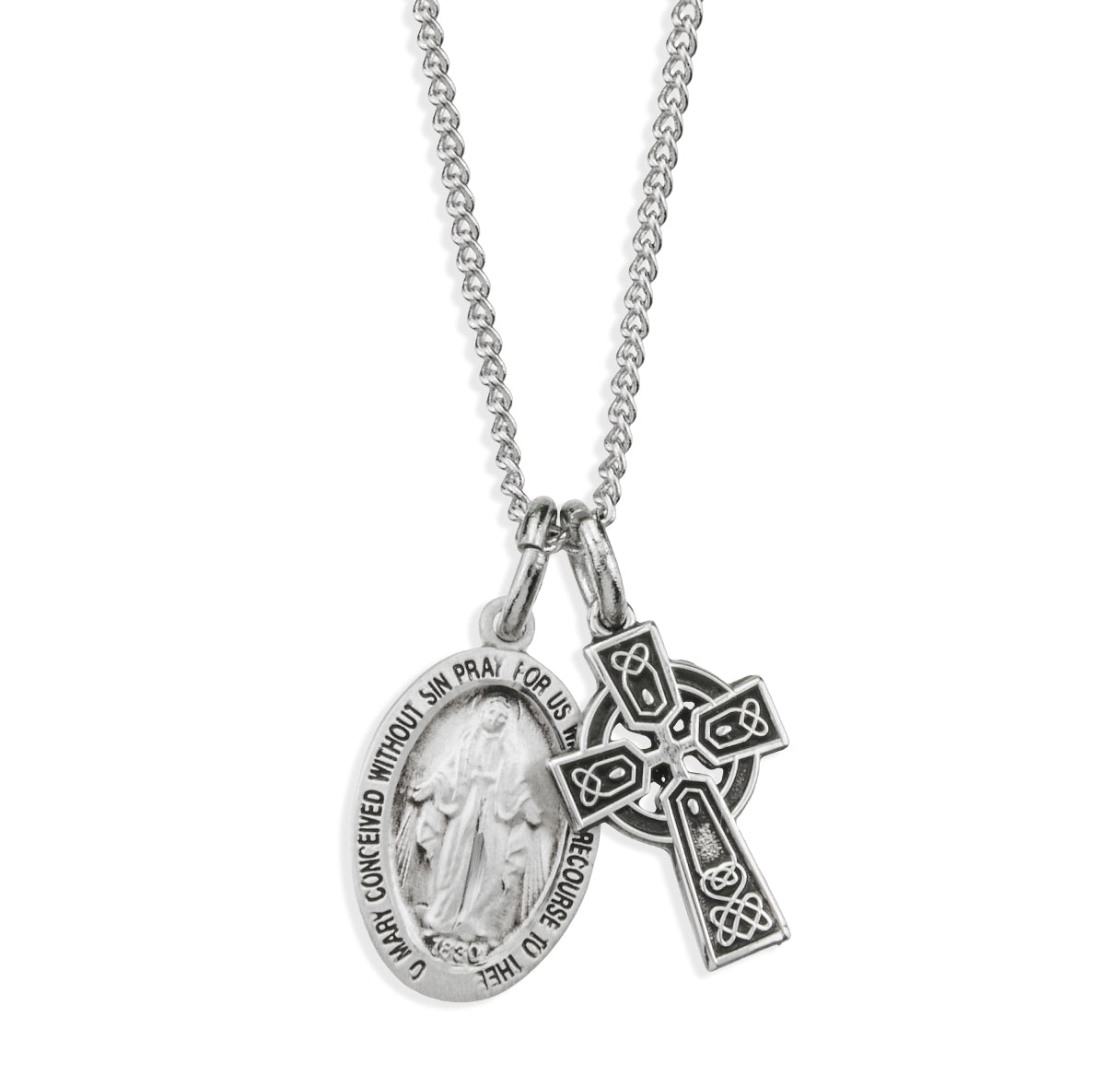 Sterling Silver Miraculous Medal and Small Celtic Cross Necklace | .925 Silver