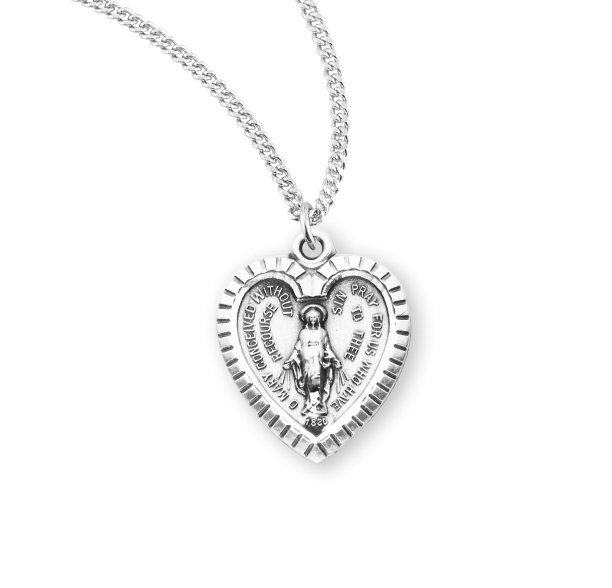 Sterling Silver Heart Shape Miraculous Medal Pendant with Chain | .925 Silver