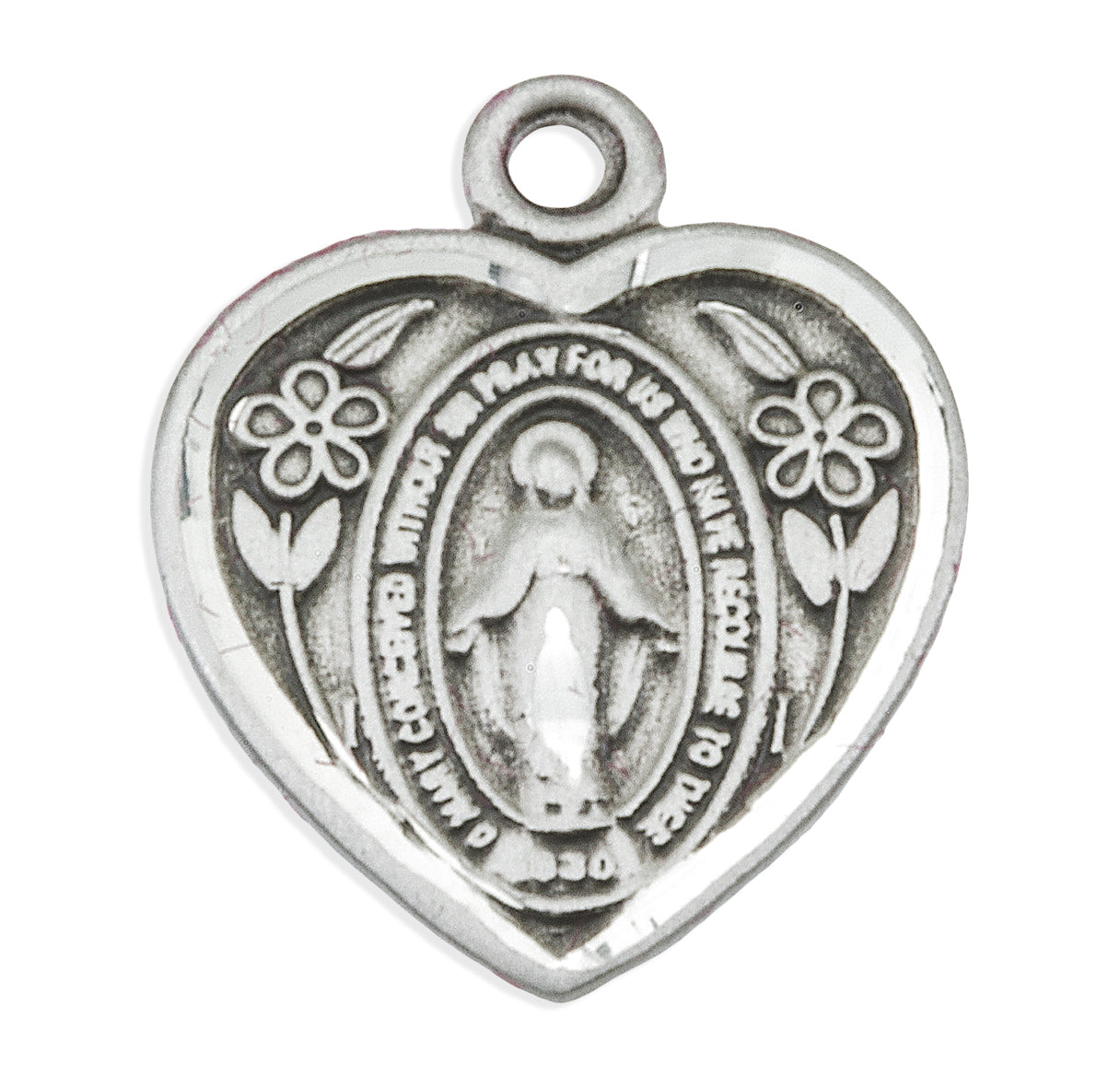 Sterling Silver Heart Shape Miraculous Medal Pendant with Chain | .925 Silver