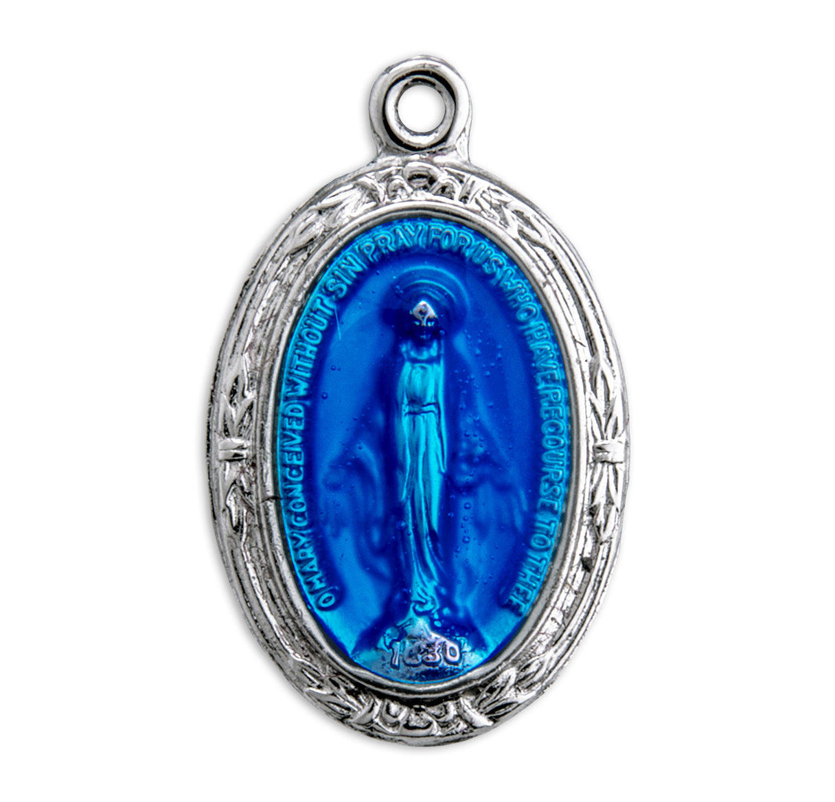 Sterling Silver Oval Blue Miraculous Medal Pendant with Chain | .925 Silver