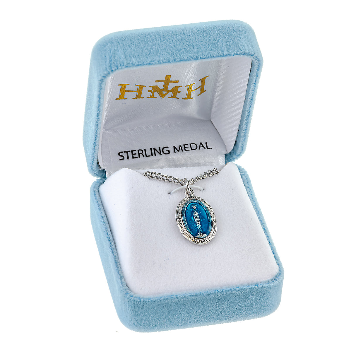 Sterling Silver Oval Blue Miraculous Medal Pendant with Chain | .925 Silver