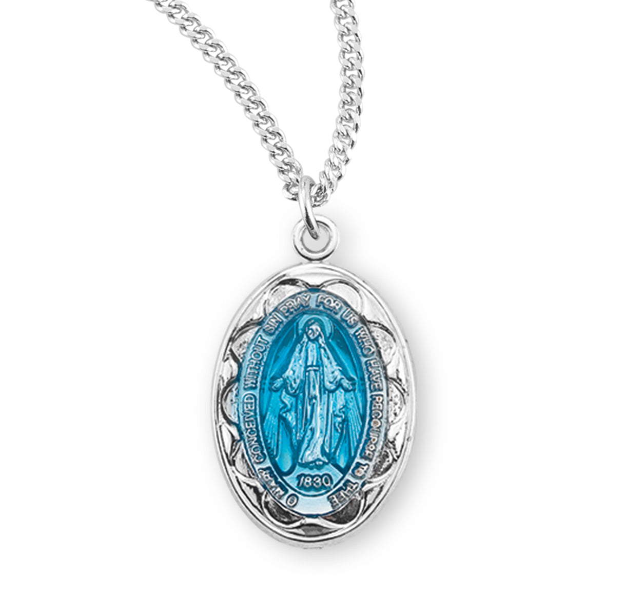 Sterling Silver Oval Blue Enameled Miraculous Medal Pendant with Chain | .925 Silver